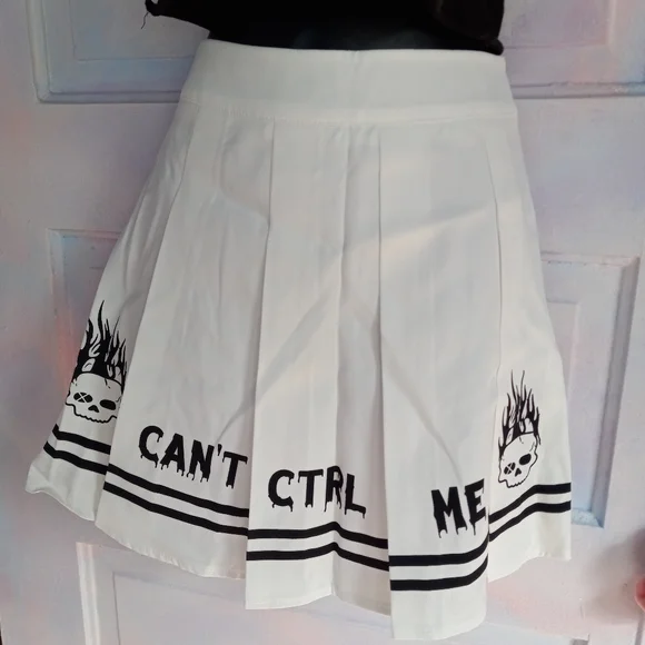 Pleated "Can't control me" cyber goth skirt w flaming skulls! SOLD@hosted store - Picture 5 of 6